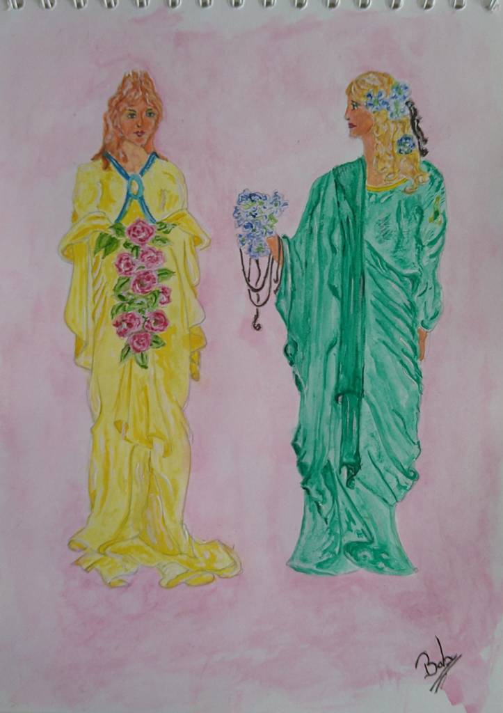 "Two Edwardian Ladies" in Art Nouveau style, by Bob Anderson (watercolours)